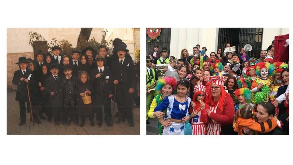 La foto de la izquierda muestra c&oacute;mo era el carnaval de antes el d&iacute;a del Entierro del Conejo. La de la derecha muestra c&oacute;mo se celebra el Carnaval actualmente.
