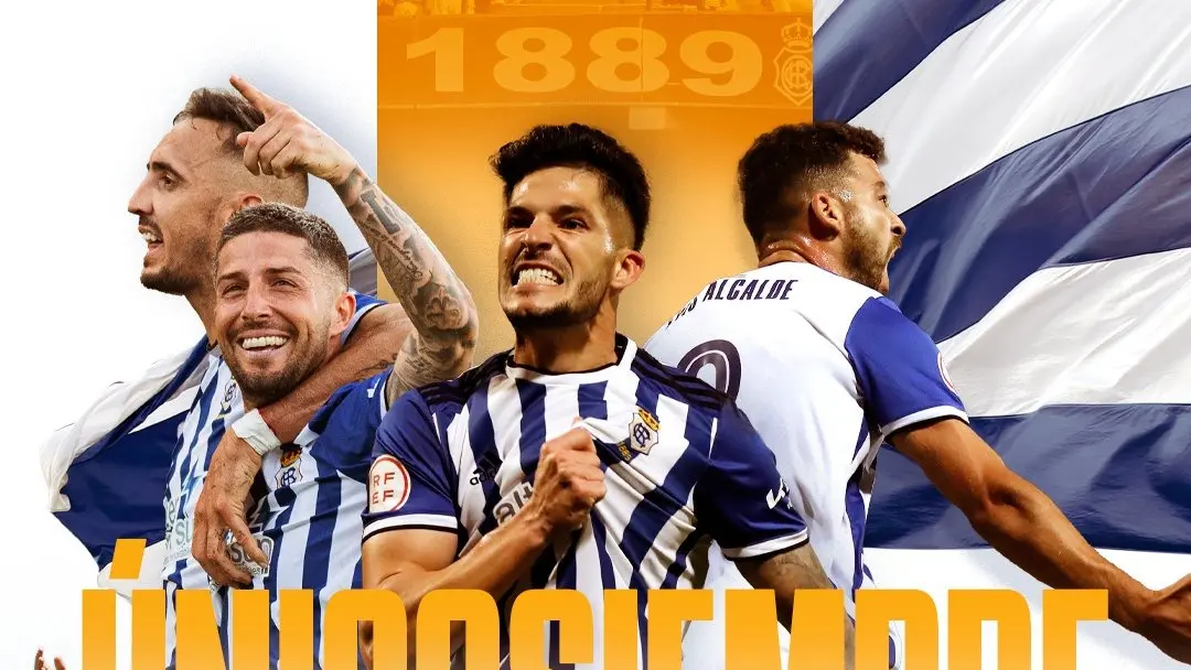 El Recre presenta el cartel de la camap&ntilde;a de abonados 2024-25 con 'Pali' Caballero entre los jugadores elegidos junto a Caye, Alcalde y Antonio Dom&iacute;nguez. Fuente: Twitter oficial del Recreativo de Huelva