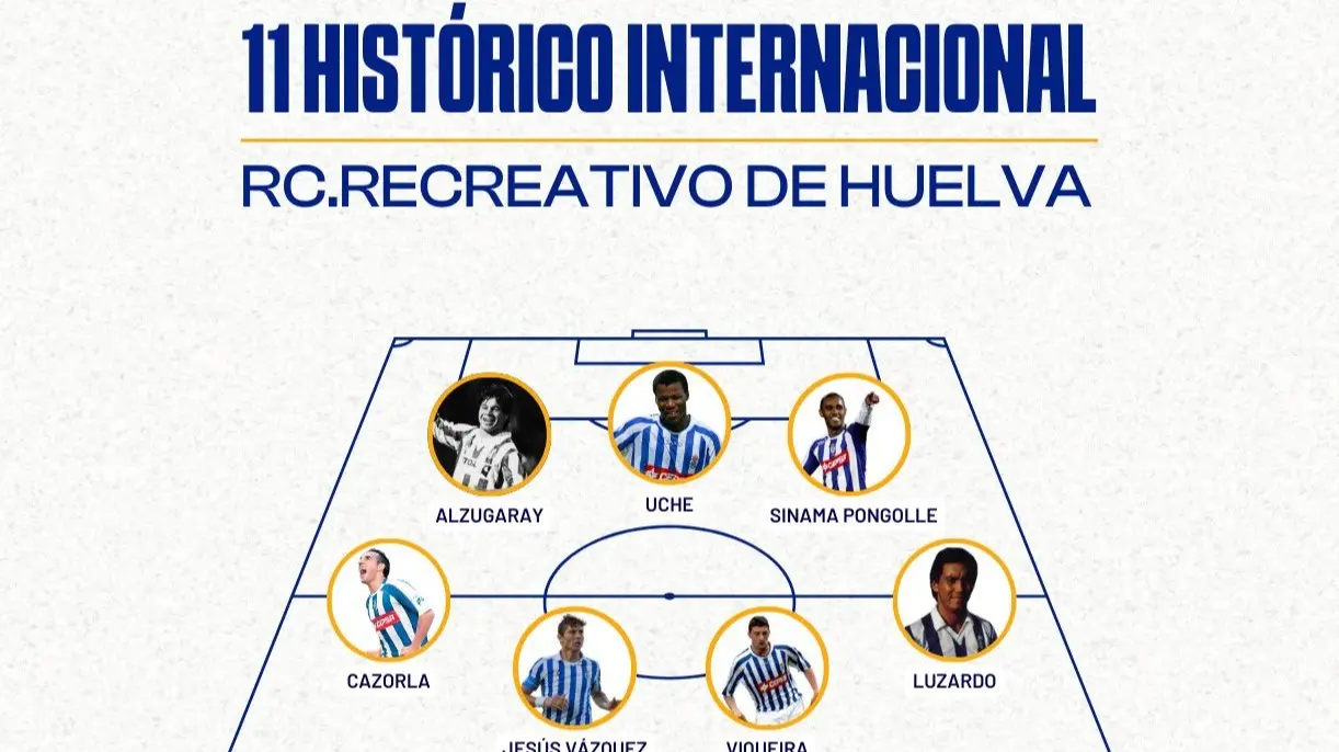 El Recreativo de Huelva desvela el 11 hist&oacute;rico internacional para los afcionados. Fuente: Twitter oficial del Recreativo de Huelva