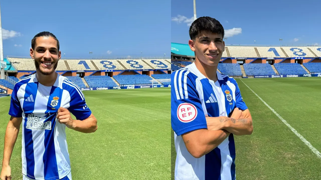 Carlos Becken y Paolo Romero se presentan con el Decano. Fuente: Twitter Recreativo de Huelva