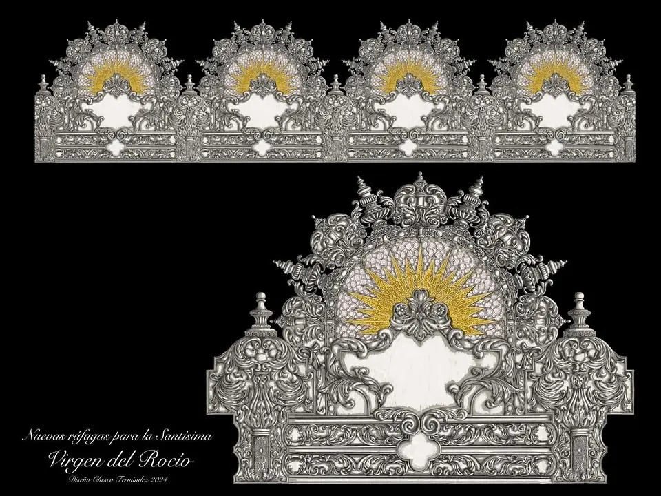 Dise&ntilde;o de las nuevas r&aacute;fagas para la Virgen del Roc&iacute;o, obra de Chesco Fern&aacute;ndez