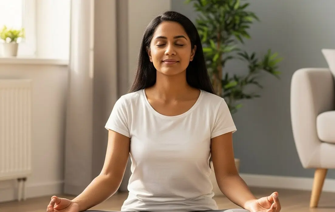 Mujer se relaja haciendo yoga en casa