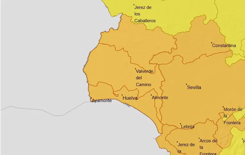 Aviso naranja en la provincia de Huelva para ma&ntilde;ana mi&eacute;rcoles. Fuente: AEMET