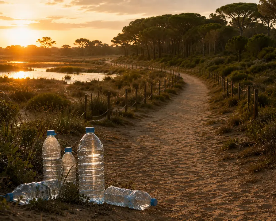 Botellas de pl&aacute;stico en un camino de Do&ntilde;ana