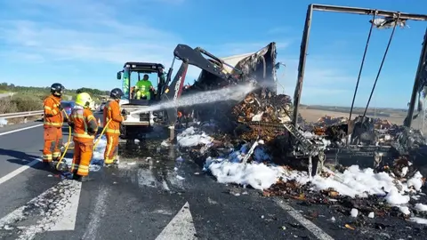 El cami&oacute;n qued&oacute; completamente calcinado. Foto: Consorcio Provincial de Bomberos de Huelva.