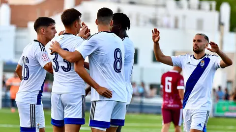 El Rece celebra uno de sus goles frente al Aracena en la noche de ayer. Fuente: Twitter Recreativo de Huelva