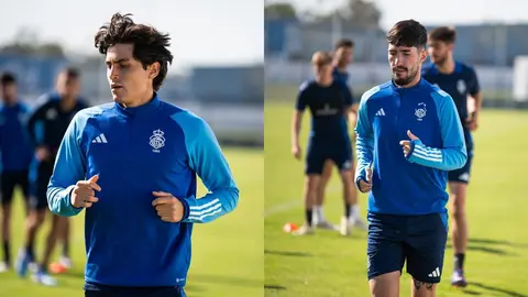 Sebastien Pineau y Ale Lim&oacute;n durante una de las sesiones dirigidas por Ra&uacute;l Galbarro de esta semana con el Recre. Fuente: Twitter del Recreativo de Huelva