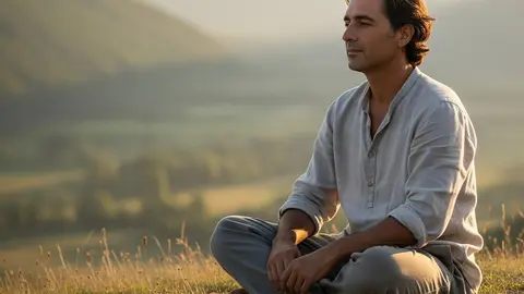Hombre medita en la naturaleza.