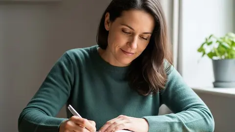 Mujer escribe junto a la ventana.