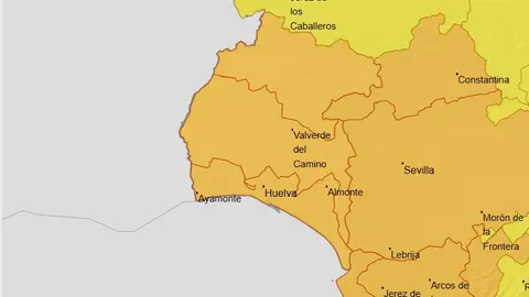 Aviso naranja en la provincia de Huelva para ma&ntilde;ana mi&eacute;rcoles. Fuente: AEMET