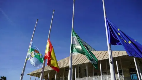 Banderas a media asta en el Ayuntamiento de Punta Umbr&iacute;a por el accidente de Adamuz. Fuente: Ayuntamiento de Punta Umbr&iacute;a