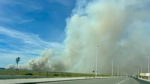 Espesa humareda tras el incendio en Marismas del Burro