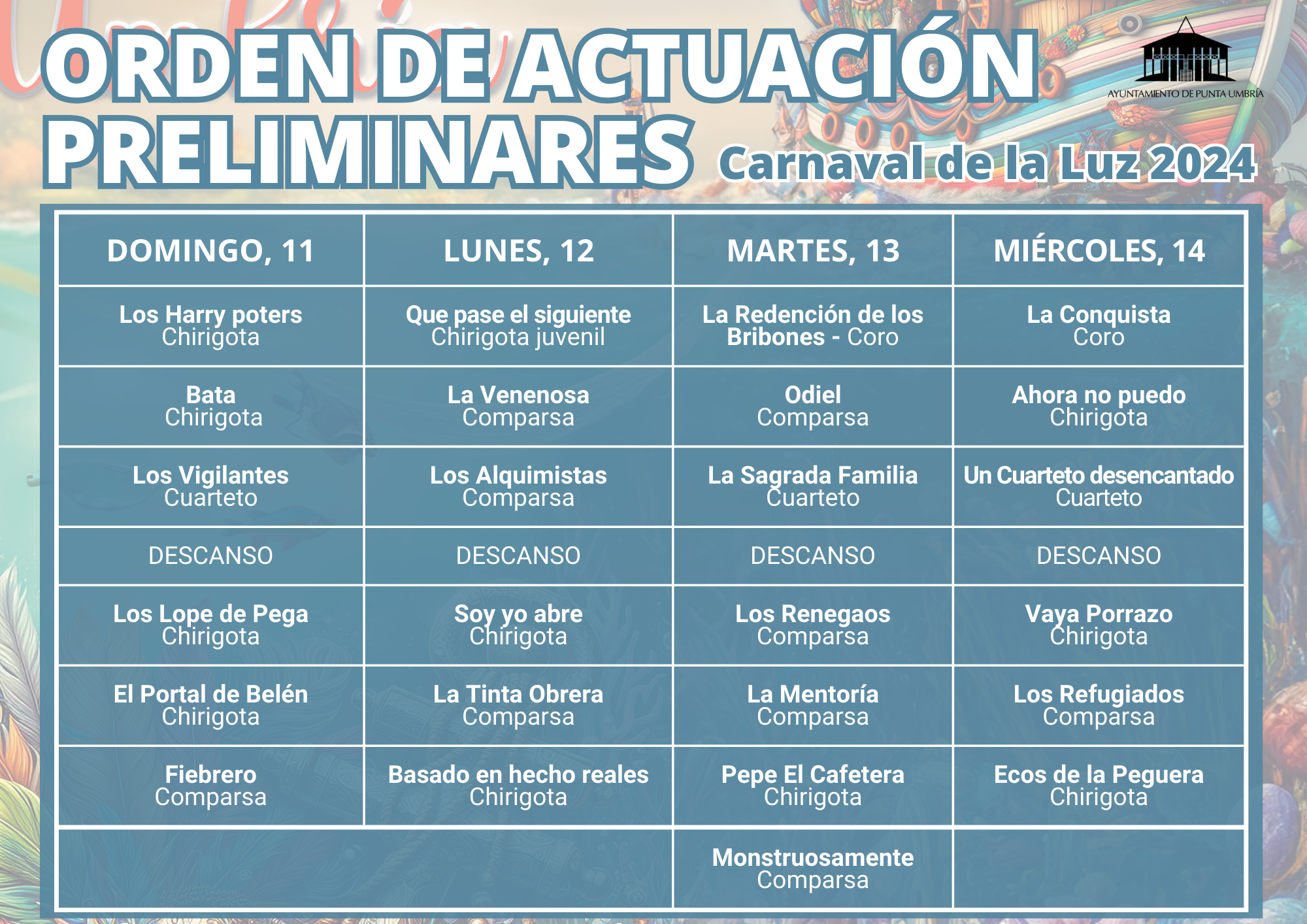 Orden de actuación fase preliminar Carnaval de la Luz 2024