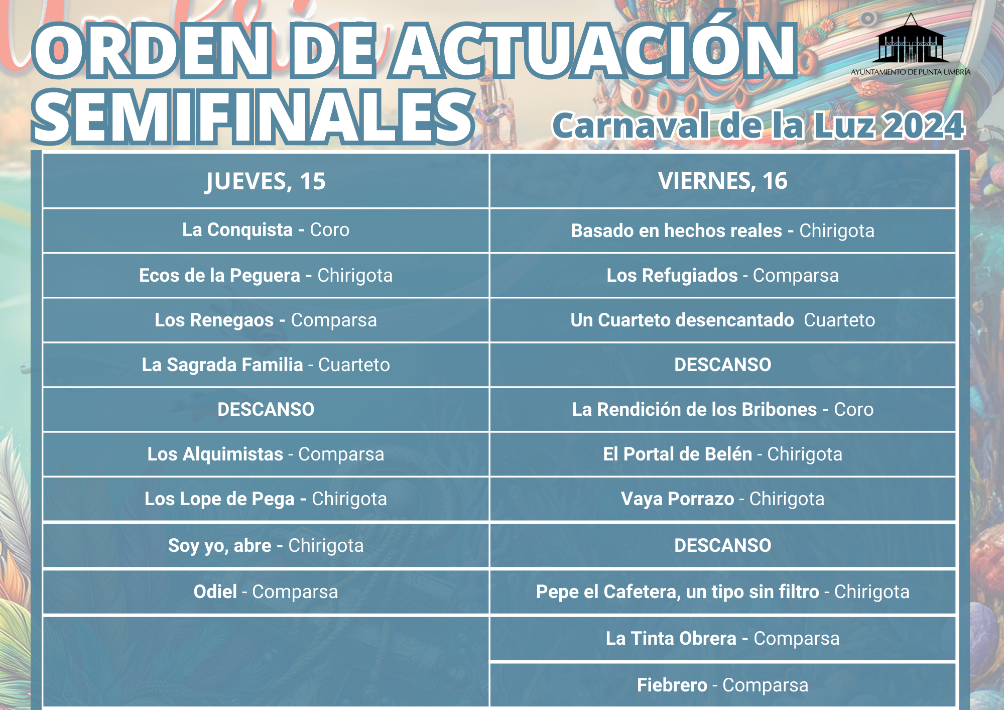 Orden de actuación de las Semifinales del Carnaval de la Luz de Punta Umbría 2024