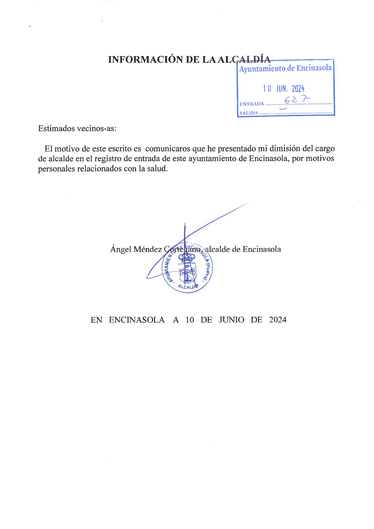 Comunicado del alcalde de Encinasola