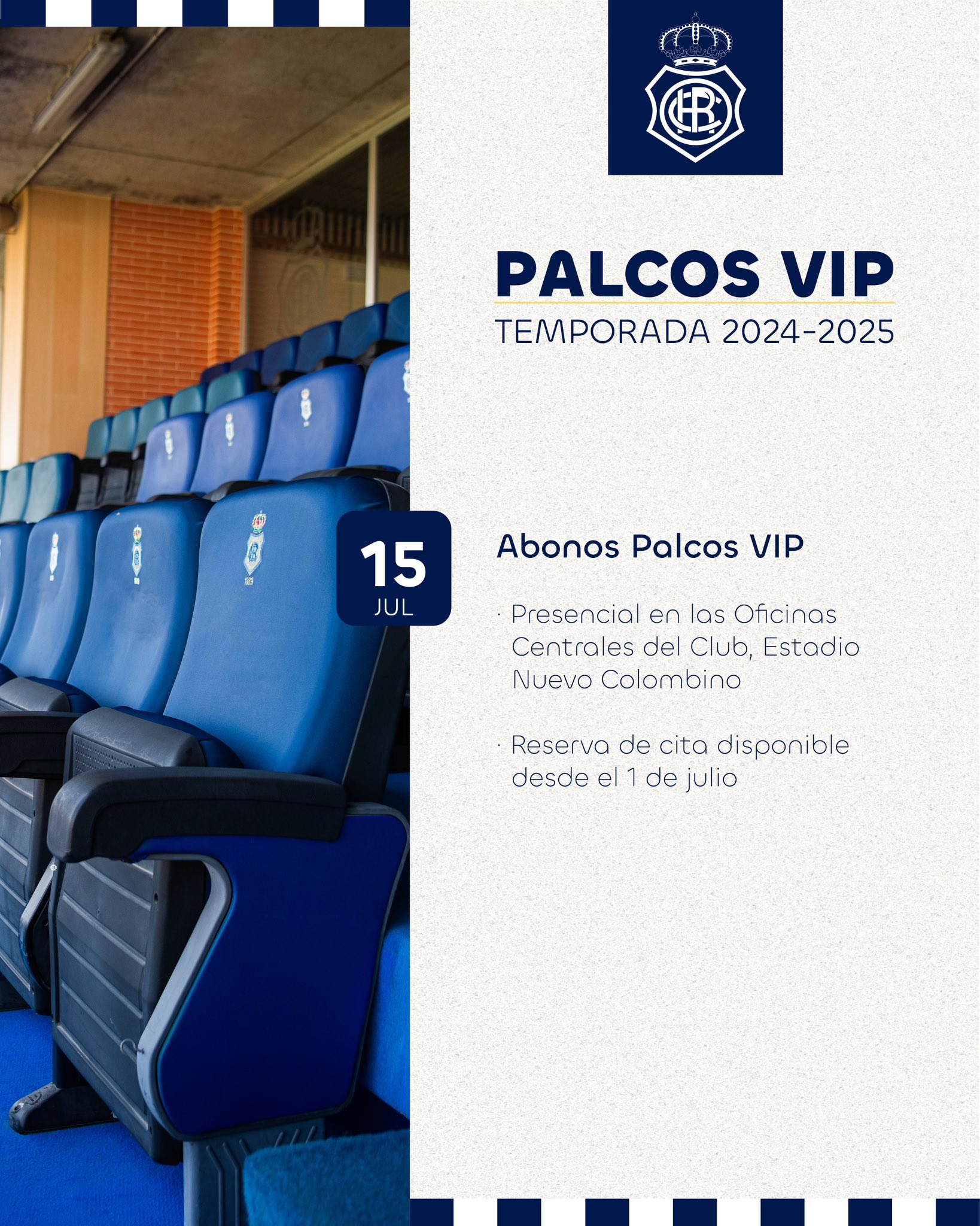 El 15 de julio llegará el turno a loa Abonos Palco VIP, aunque se pueden solicitar desde el día uno del mismo mes. Fuente: Twitter oficial del Recreativo de Huelva
