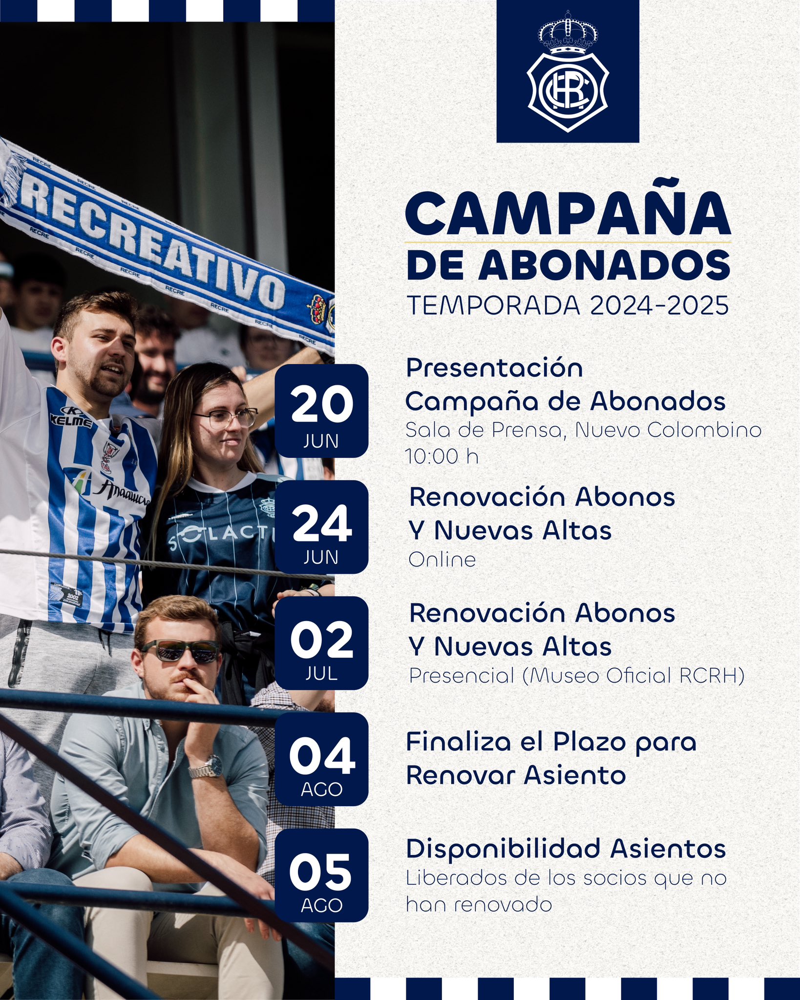 Estas son las fechas clave de la campaña de abonados. Fuente: Twitter oficial del Recreativo de Huelva