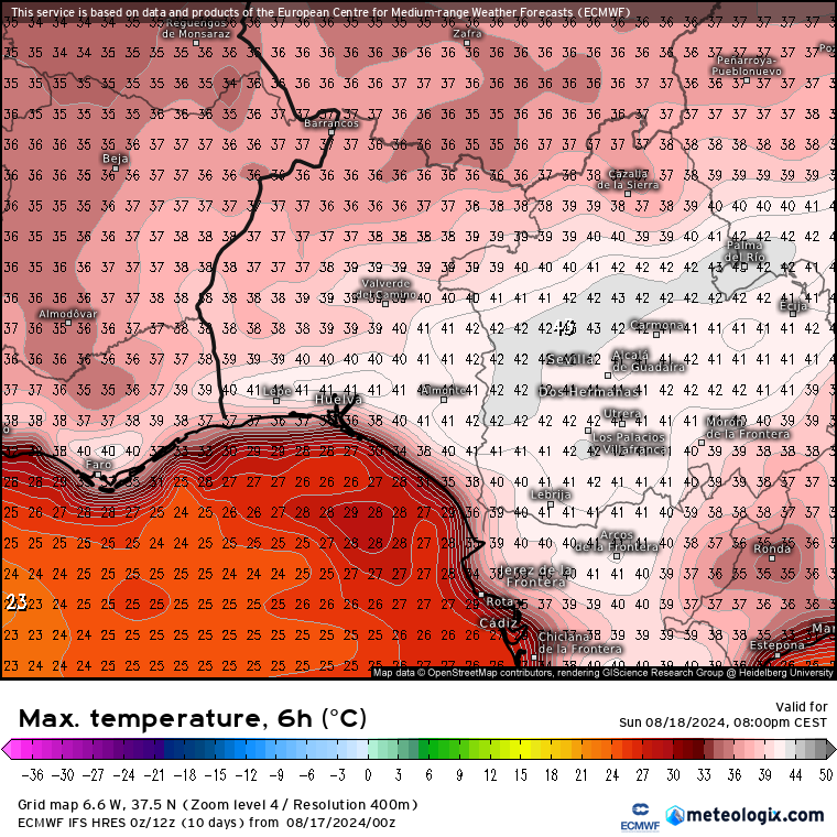 Mapa de temperaturas para mañana domingo 18. Foto: MeteoHuelva.es