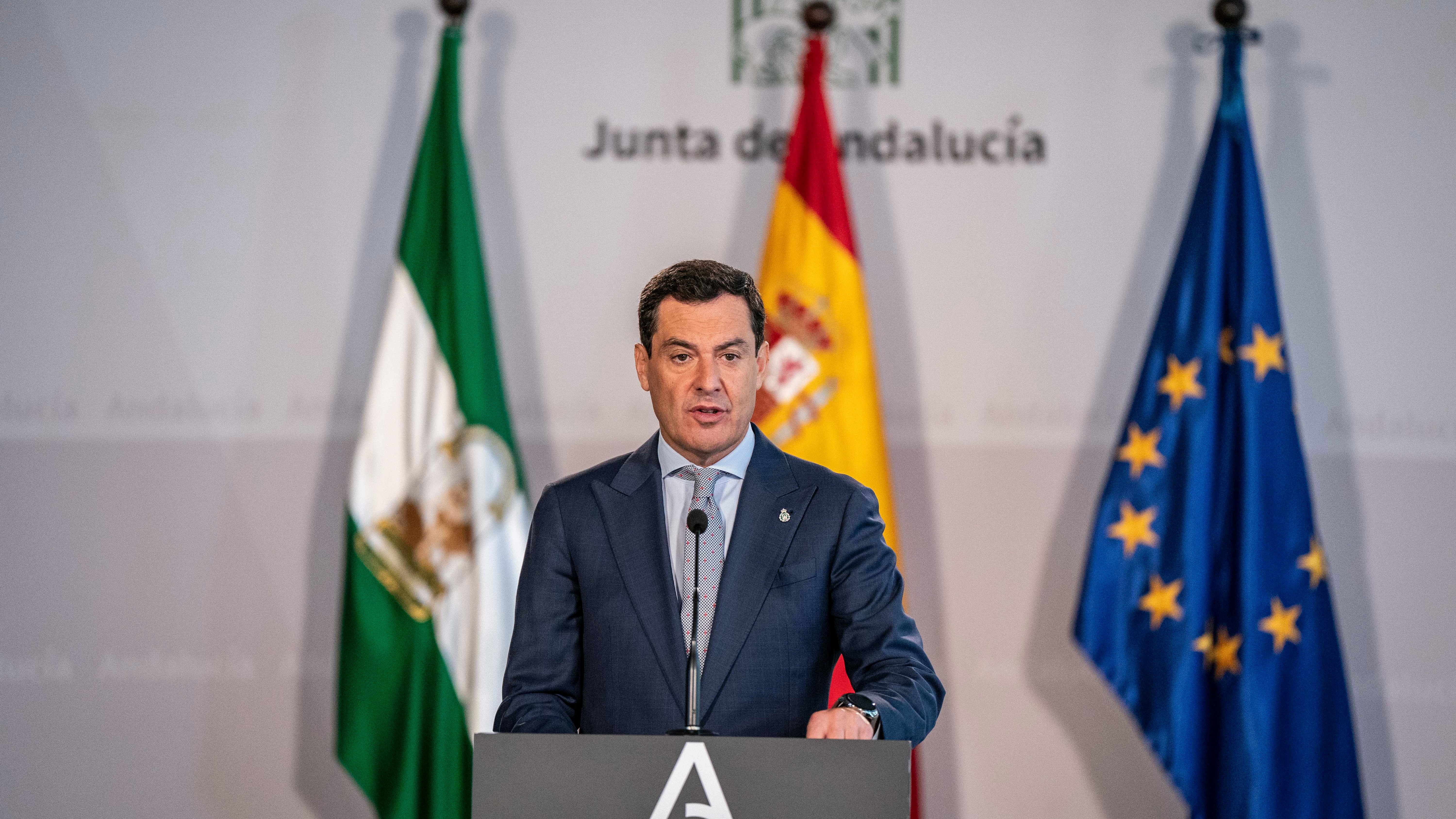 El presidente de la Junta de Andalucía, Juanma Moreno, durante su comparecencia. Fuente: Junta de Andalucía.