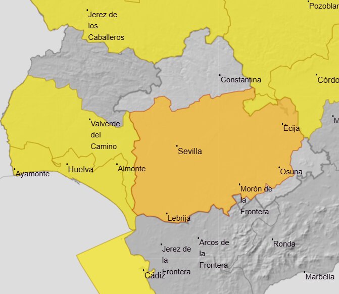 Aviso Amarillo en la provincia de Huelva, lunes 16 de junio. Fuente: AEMET