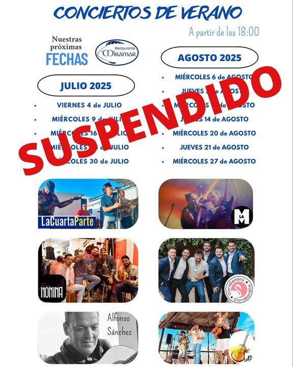 Suspendida la agenda musical. Fuente: Facebook Restaurante Miramar