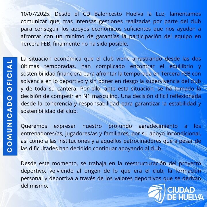 Comunicado Ciudad de Huelva. Fuente: X Ciudad de Huelva