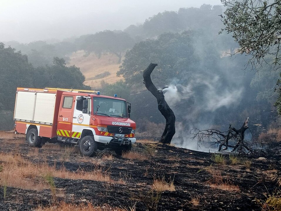 Actuación de los bomberos en el incendio de Alosno. Fuente: Sab Bomberos Huelva Provincia