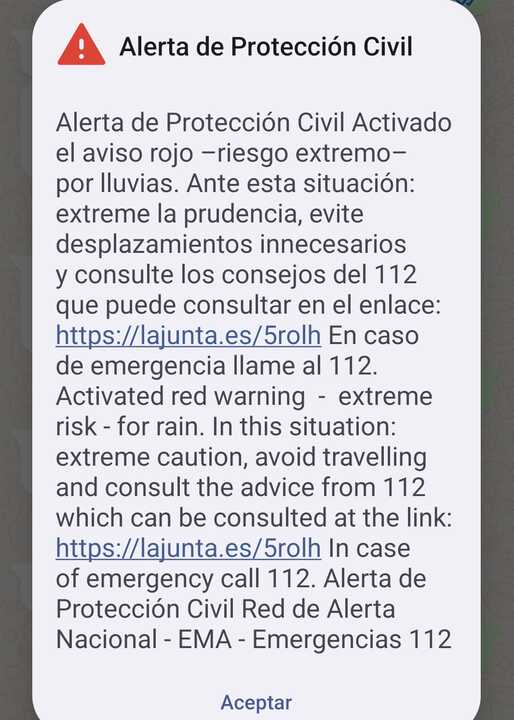 Mensaje de Protección Civil por el aviso rojo