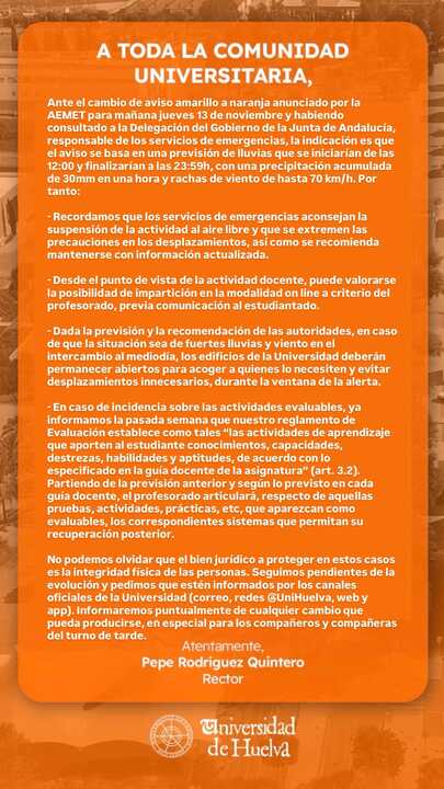 Comunicado Universidad de Huelva tras el aviso naranja. Fuente: X UHU