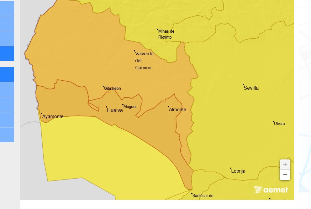 Aviso naranja en la provincia de Huelva por viento y lluvia. Fuente: AEMET