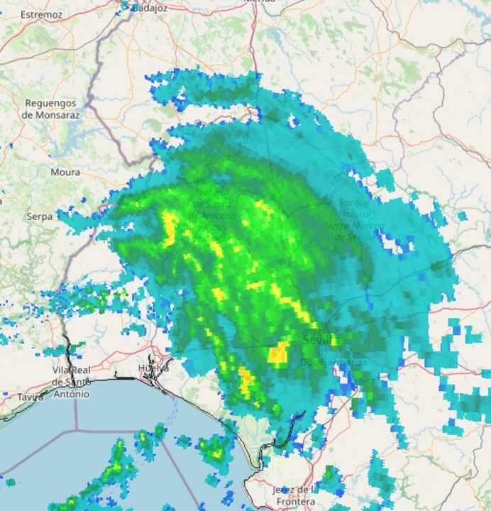 La borrasca Claudia atravesando la Sierra de Huelva. Fuente: X de Meteohuelva