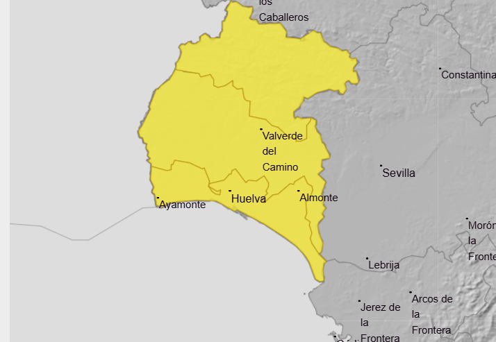 Aviso amarillo en toda la provincia de Huelva para este 3 de enero. Fuente: AEMET