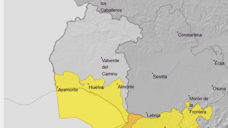 Avisos amarillos en el litoral onubense para hoy martes. Fuente: AEMET