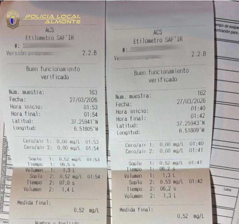Pruebas de alcoholemia. Fuente: Facebook Policía Local de Almonte