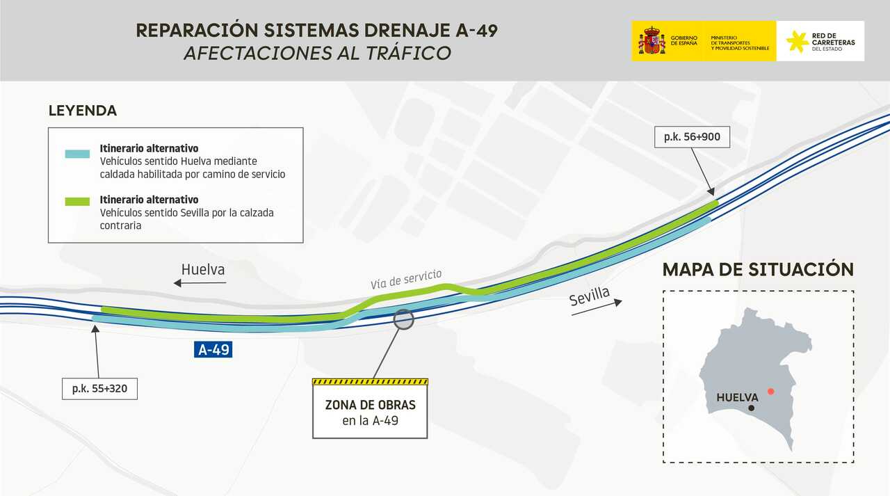 Afectaciones por las obras de drenaje en la A-49. Fuente: Ministerio de Transportes y Movilidad Sostenible