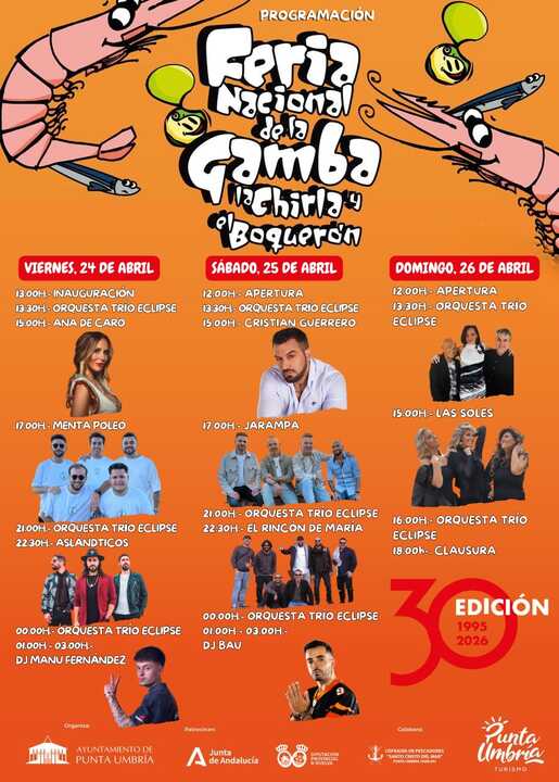 Cartel de actuaciones durante la Feria de la Gamba, la Chirla y el Boquerón. Fuente: Ayuntamiento de Punta Umbría