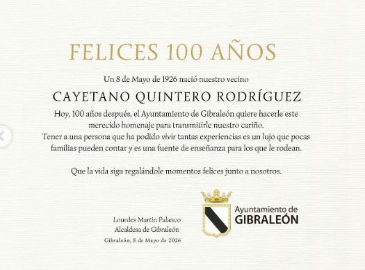 Homenaje a Cayetano Quintero por cumplir 100 años en Gibraleón. Fuente: Ayto. Gibraleón